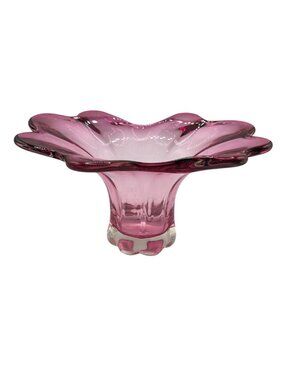 Vtg Pink Hand-Blown Glass Bowl With Scalloped Edge & Clear Base Decorative Cente
